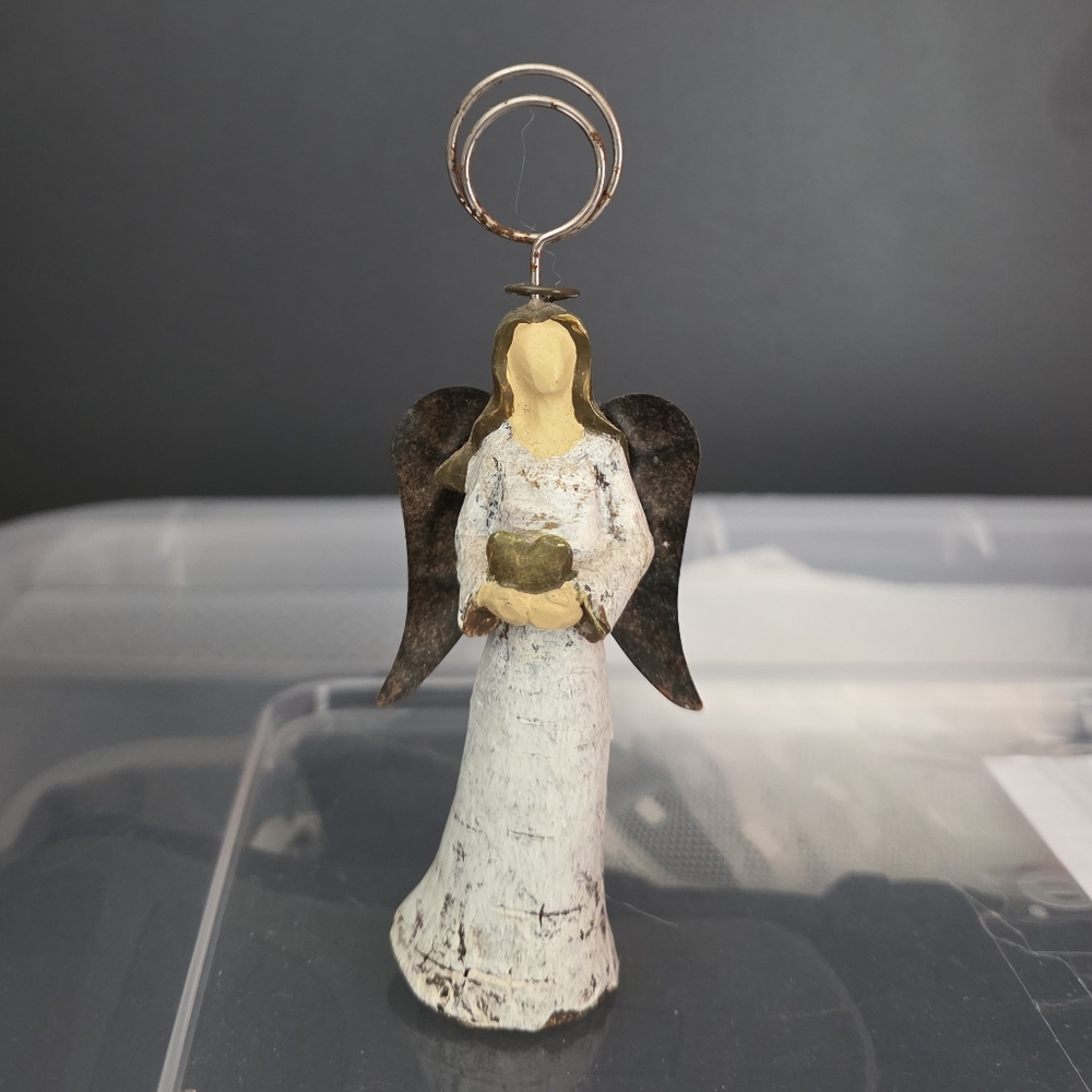 👼 Rustic Angel Figurine with Gold and Brown Accents, Picture or Card Holder.